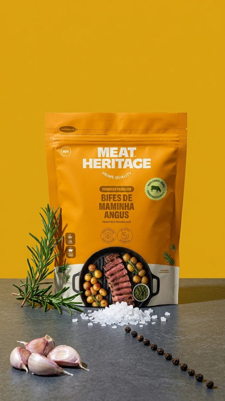 Angus maminha steaks pouch on yellow