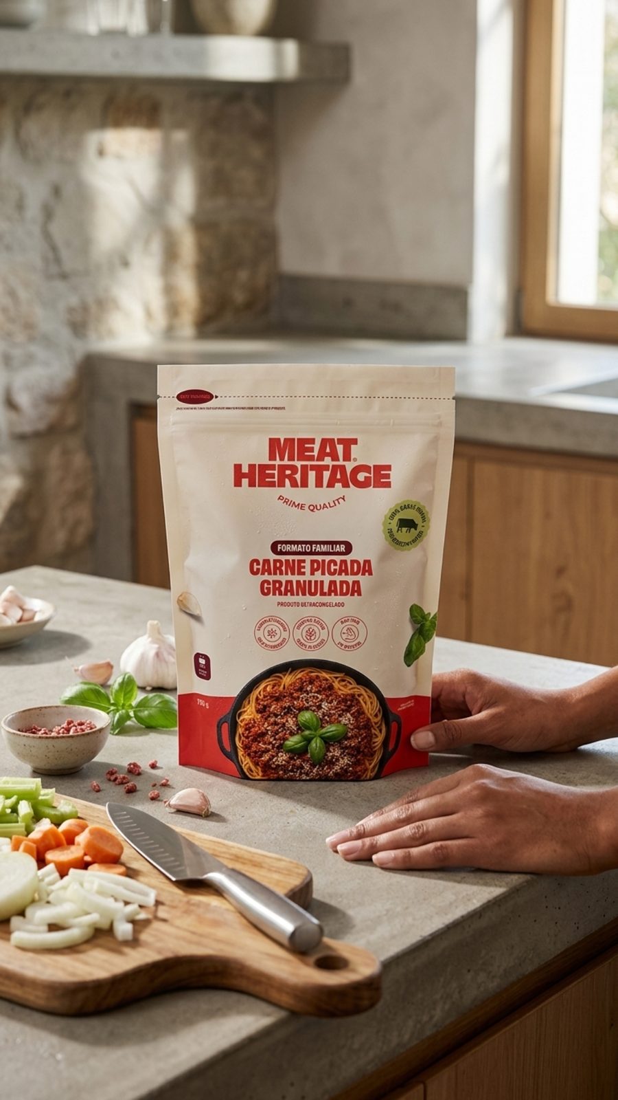 Granulated minced beef pouch, family format, in a kitchen