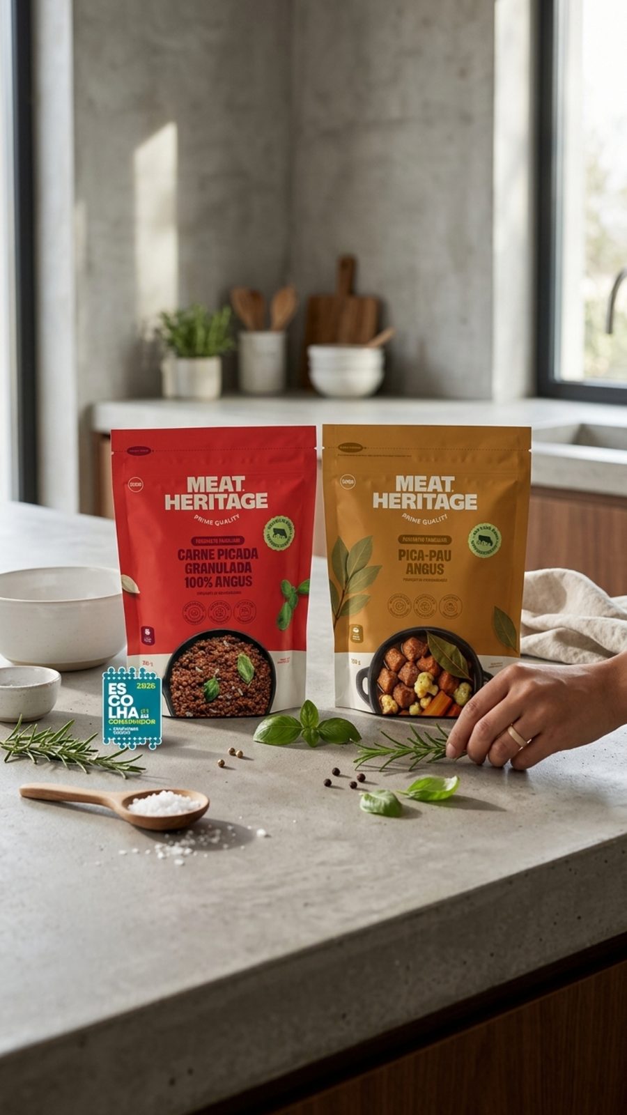 Minced Angus and pica-pau pouches on a kitchen counter