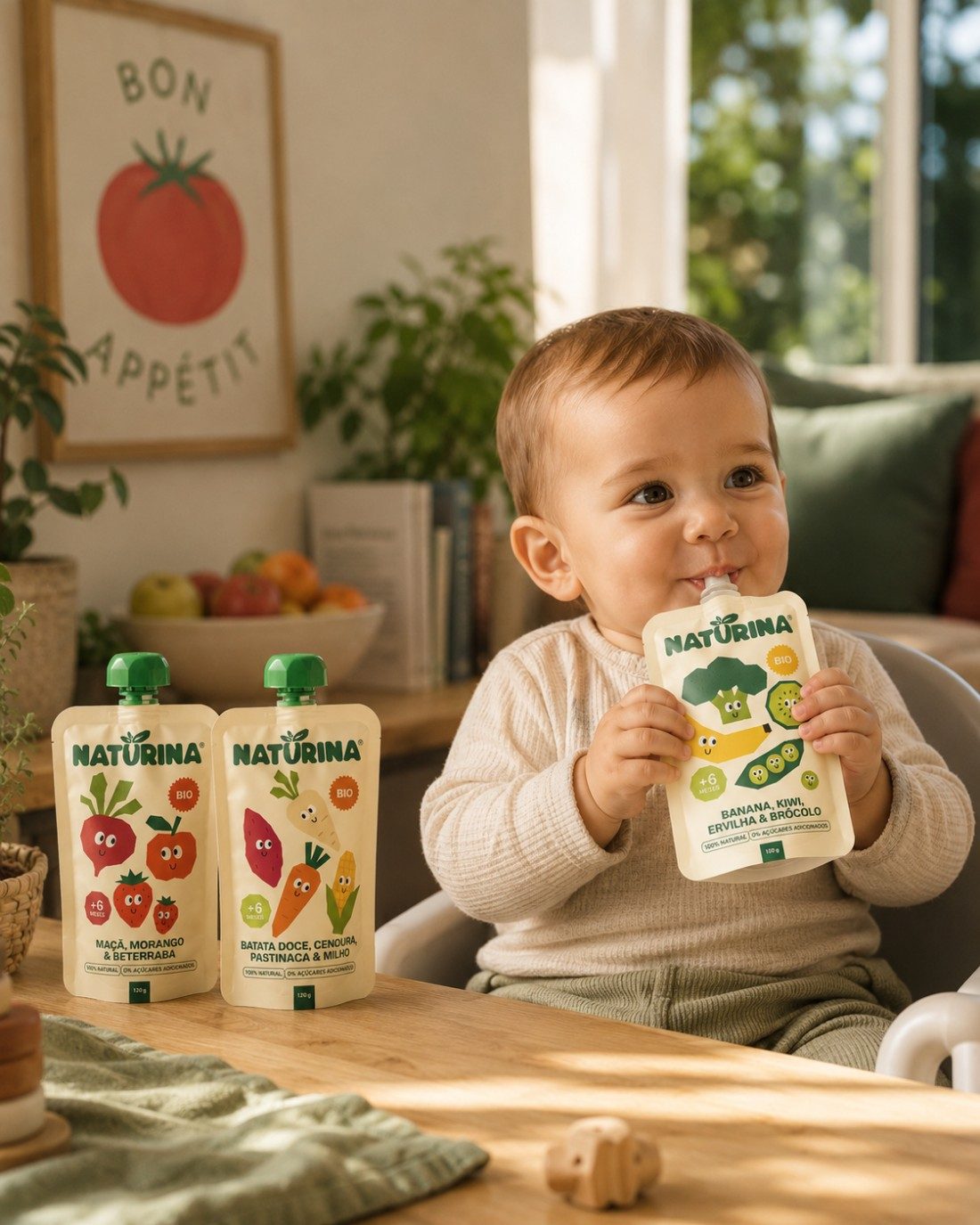 Baby drinking from a Naturina pouch