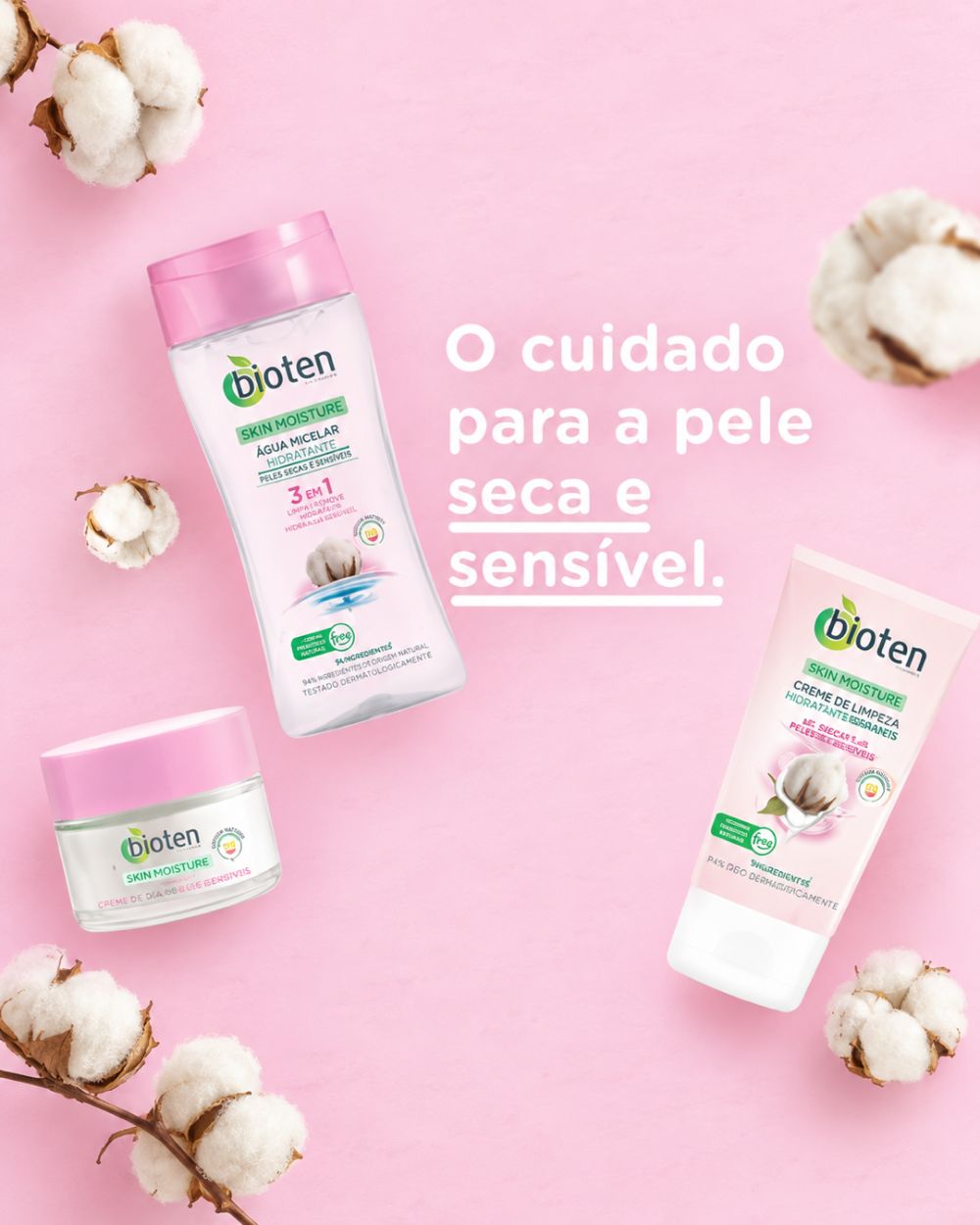Bioten - Rotina completa para pele seca e sensível: água micelar, creme de limpeza e creme de dia.