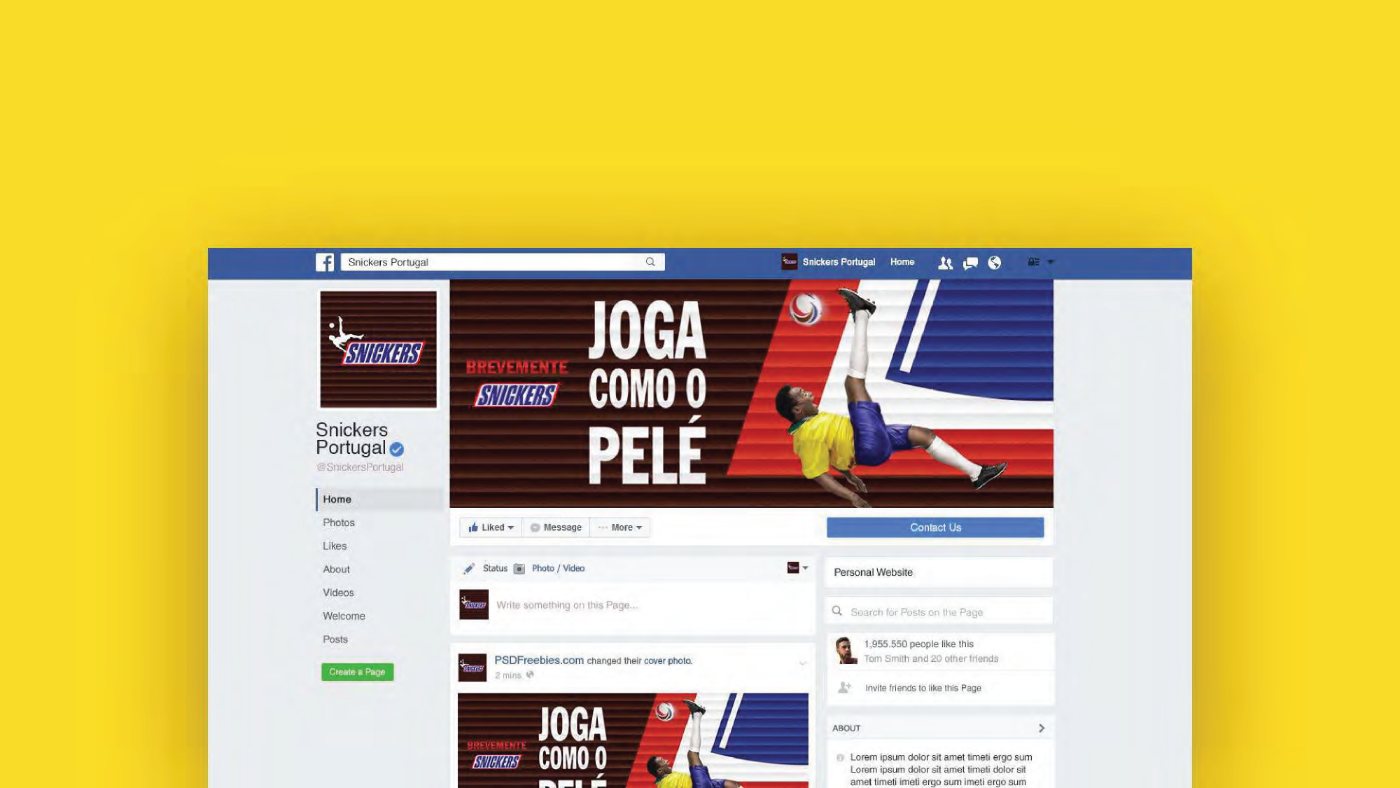Snickers Portugal Facebook page with the campaign cover